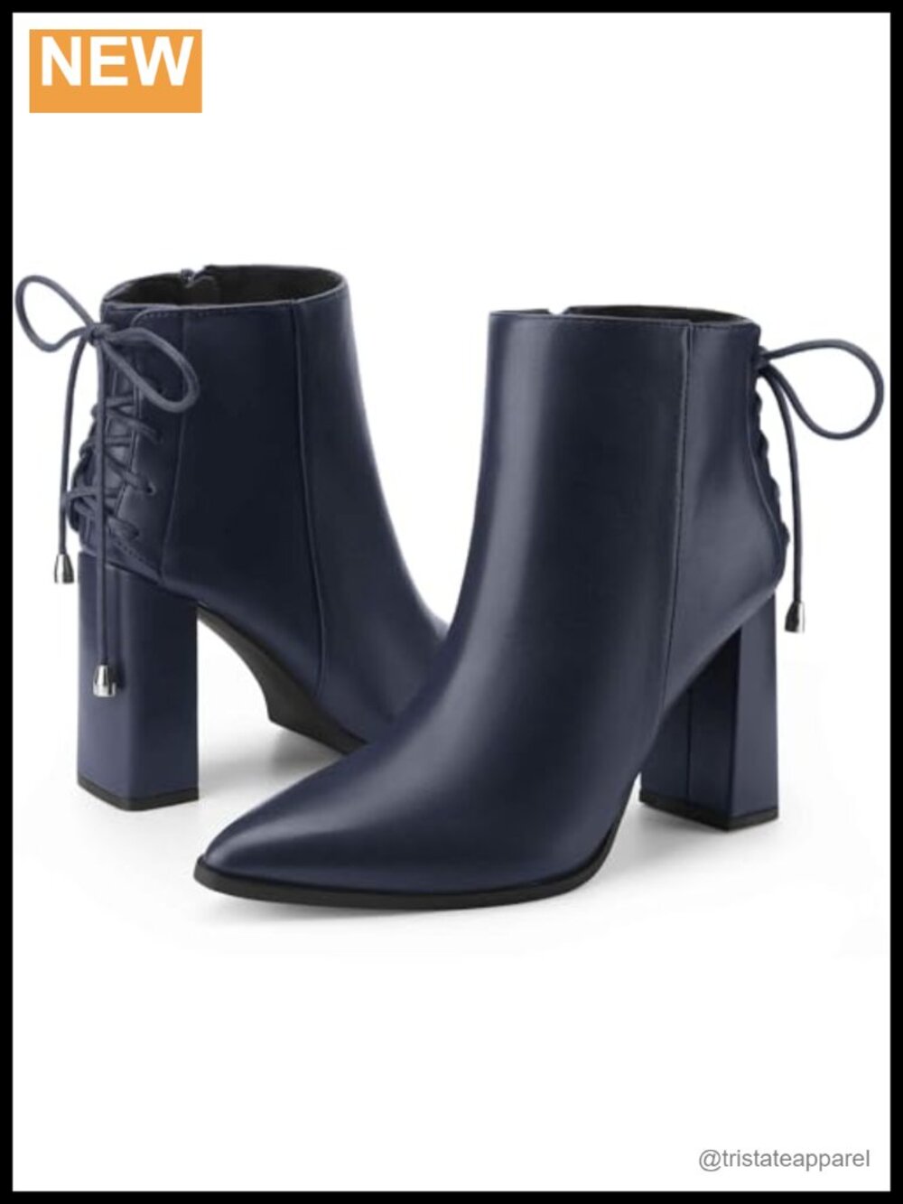 Faux Leather Pointed Toe Back Lace Up Chunky Heel Ankle Boots
